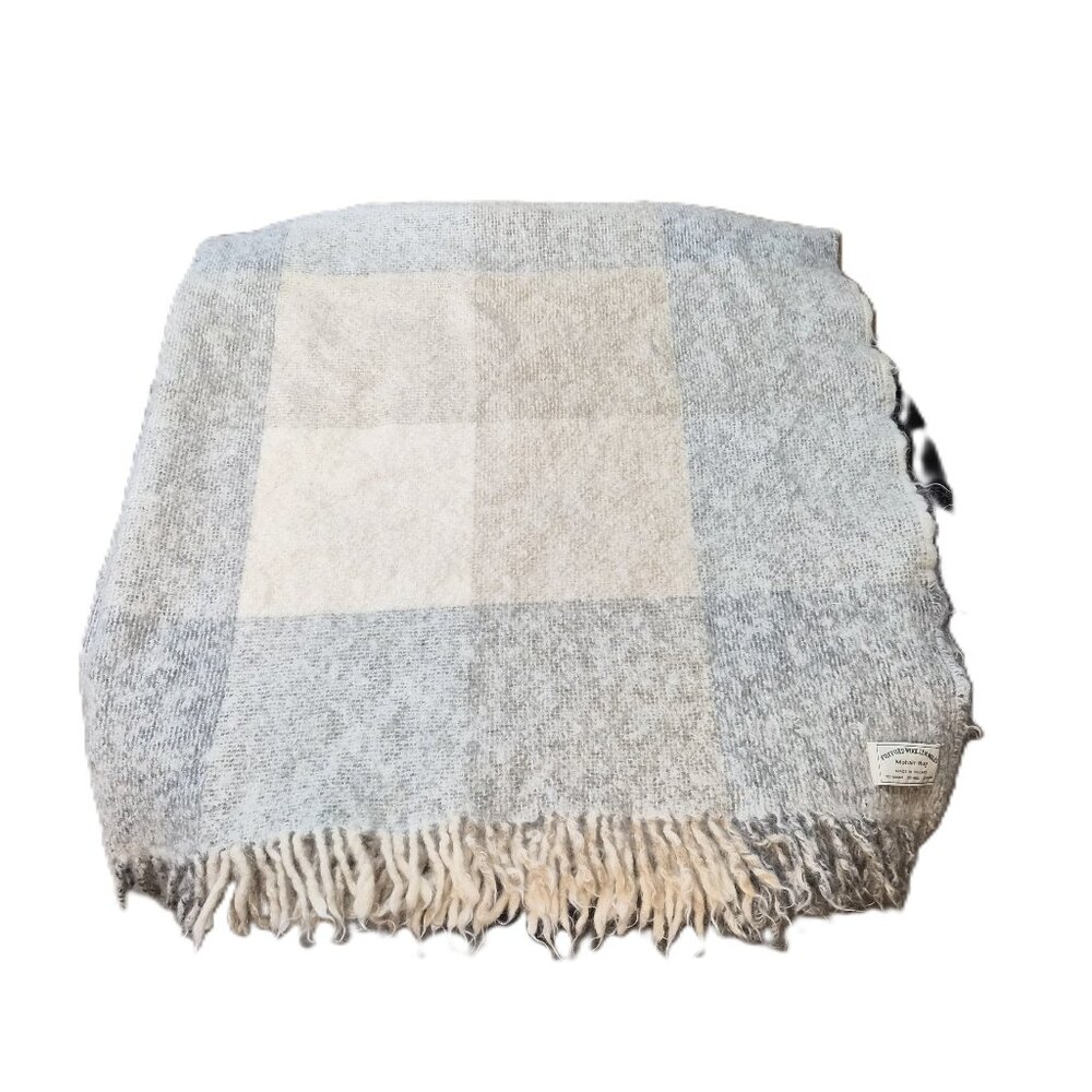 Vintage 1980s Foxford Mohair Wool Rug Throw – Beige Check 55×54'' Hygge Rustic